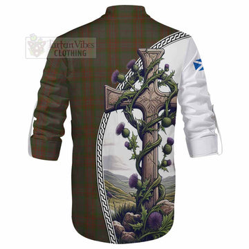 Gray Tartan Ghillie Kilt Shirt with Family Crest and St. Andrew's Cross Accented by Thistle Vines - Tartan Vibes Clothing