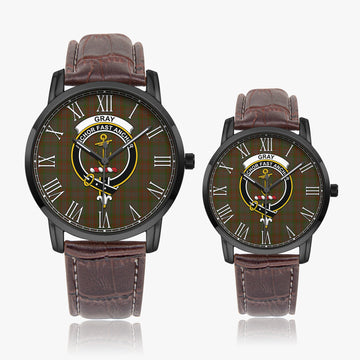 Gray Tartan Family Crest Leather Strap Quartz Watch