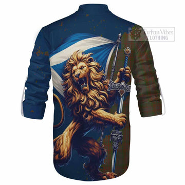 Gray Tartan Family Crest Ghillie Kilt Shirt with Scottish Majestic Lion - Tartan Vibes Clothing