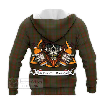 Gray Tartan Knitted Hoodie with Family Crest and Bearded Skull Holding Bottles of Whiskey - Tartan Vibes Clothing