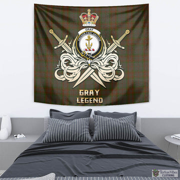 Gray Tartan Tapestry with Clan Crest and the Golden Sword of Courageous Legacy - Tartan Vibes Clothing