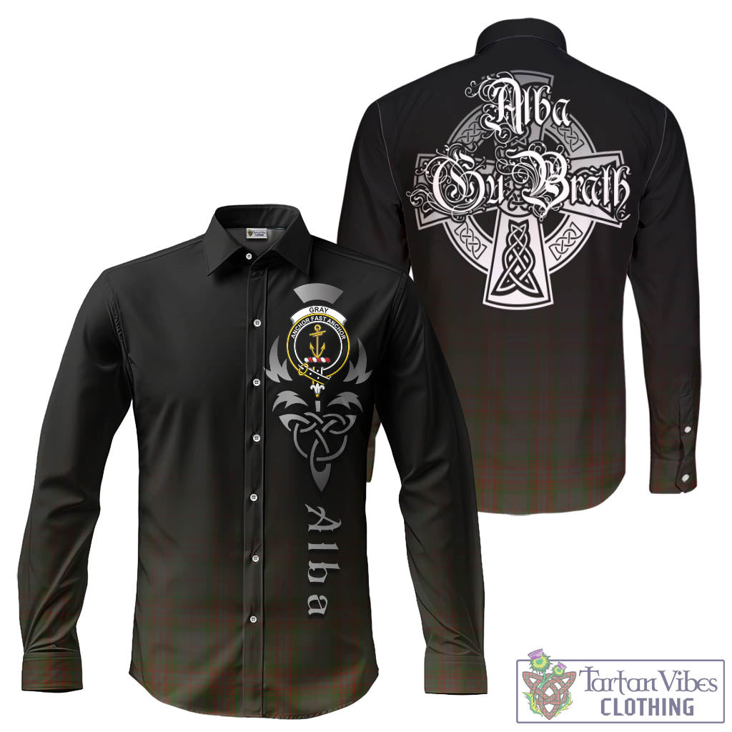 Gray Tartan Long Sleeve Button Up Featuring Alba Gu Brath Family Crest Celtic Inspired - Tartan Vibes Clothing