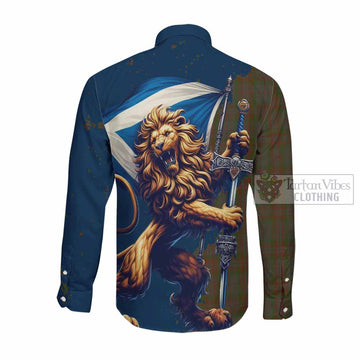 Gray Tartan Family Crest Long Sleeve Button Shirt with Scottish Majestic Lion Men's Shirt - Tartan Vibes Clothing