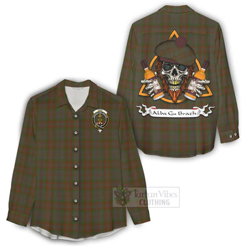 Gray Tartan Women's Casual Shirt with Family Crest and Bearded Skull Holding Bottles of Whiskey - Tartan Vibes Clothing