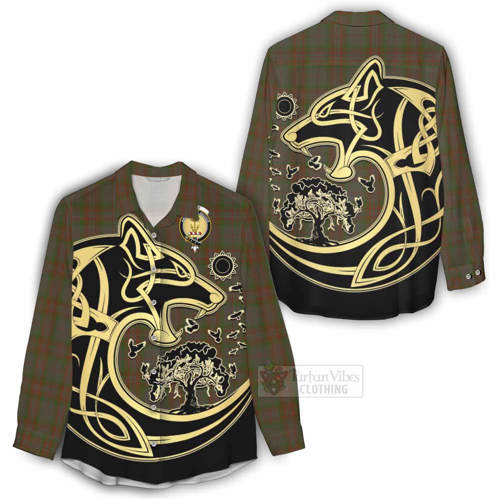 Gray Tartan Women's Casual Shirt with Family Crest Celtic Wolf Style - Tartan Vibes Clothing