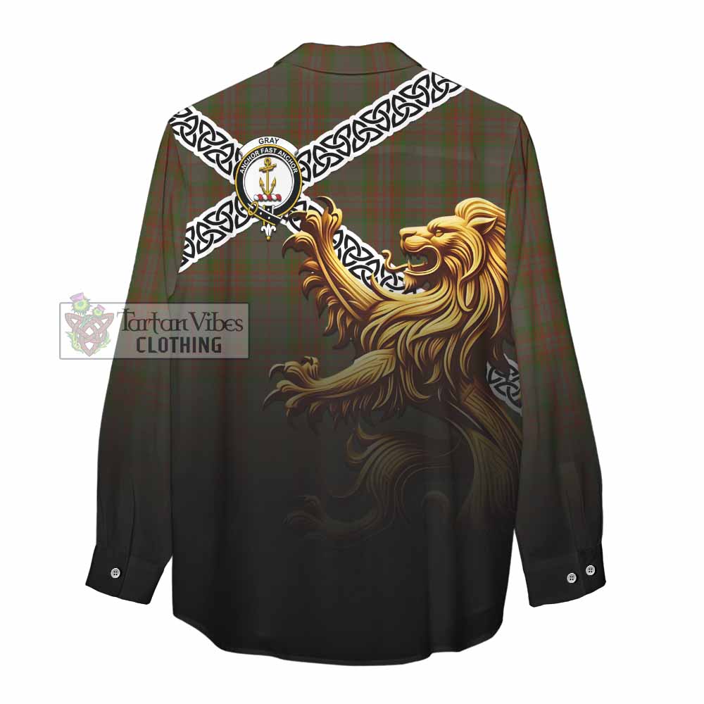 Gray Crest Tartan Women's Casual Shirt with Golden Lion Emblem Celtic Style - Tartan Vibes Clothing