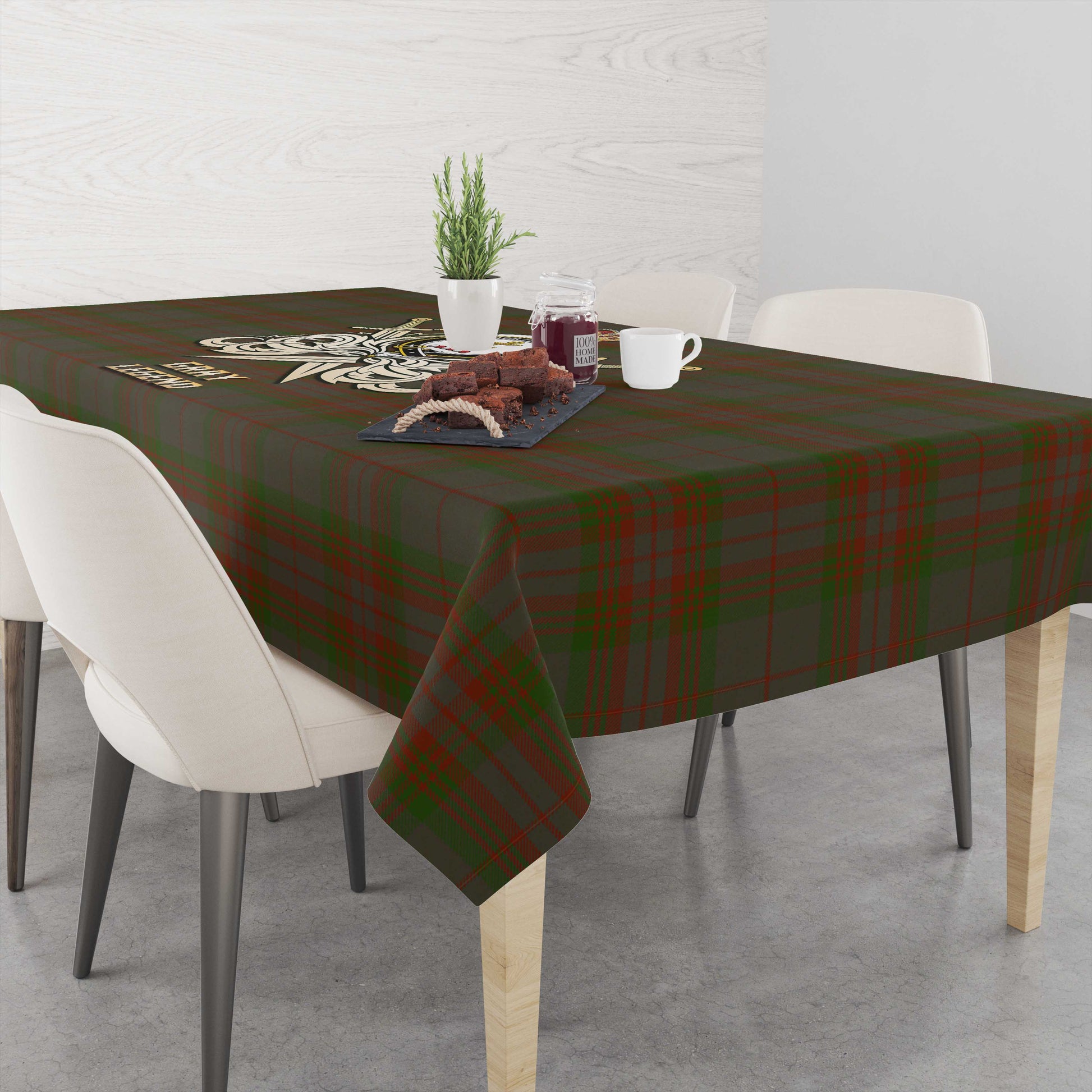 Tartan Vibes Clothing Gray Tartan Tablecloth with Clan Crest and the Golden Sword of Courageous Legacy