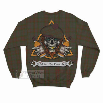 Gray Tartan Sweatshirt with Family Crest and Bearded Skull Holding Bottles of Whiskey - Tartan Vibes Clothing