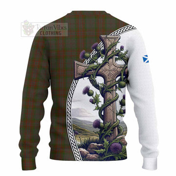 Gray Tartan Knitted Sweater with Family Crest and St. Andrew's Cross Accented by Thistle Vines - Tartan Vibes Clothing