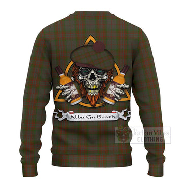 Gray Tartan Ugly Sweater with Family Crest and Bearded Skull Holding Bottles of Whiskey - Tartan Vibes Clothing