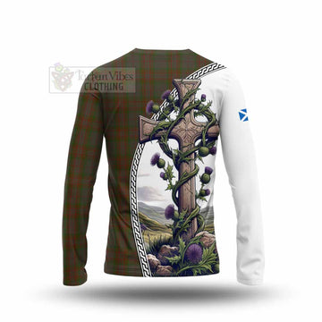 Gray Tartan Long Sleeve T-Shirt with Family Crest and St. Andrew's Cross Accented by Thistle Vines - Tartan Vibes Clothing