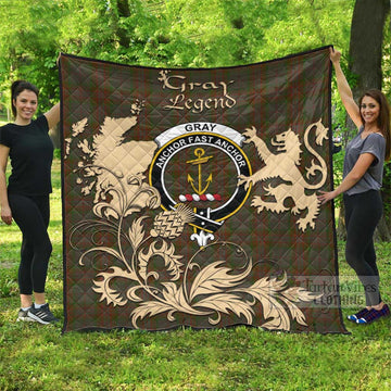 Tartan Vibes Clothing Gray Tartan Quilt with Family Crest and Scottish Symbol Style