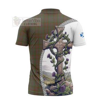 Gray Tartan Zipper Polo Shirt with Family Crest and St. Andrew's Cross Accented by Thistle Vines - Tartan Vibes Clothing