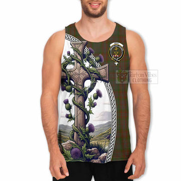 Gray Tartan Men's Tank Top with Family Crest and St. Andrew's Cross Accented by Thistle Vines - Tartan Vibes Clothing