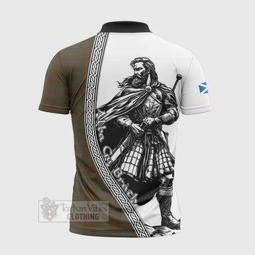 Gray Tartan Clan Crest Zipper Polo Shirt with Highlander Warrior Celtic Style - Tartan Vibes Clothing