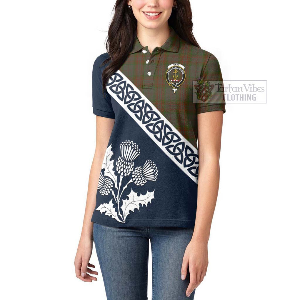 Gray Tartan Women's Polo Shirt Featuring Thistle and Scotland Map - Tartanvibesclothing Store