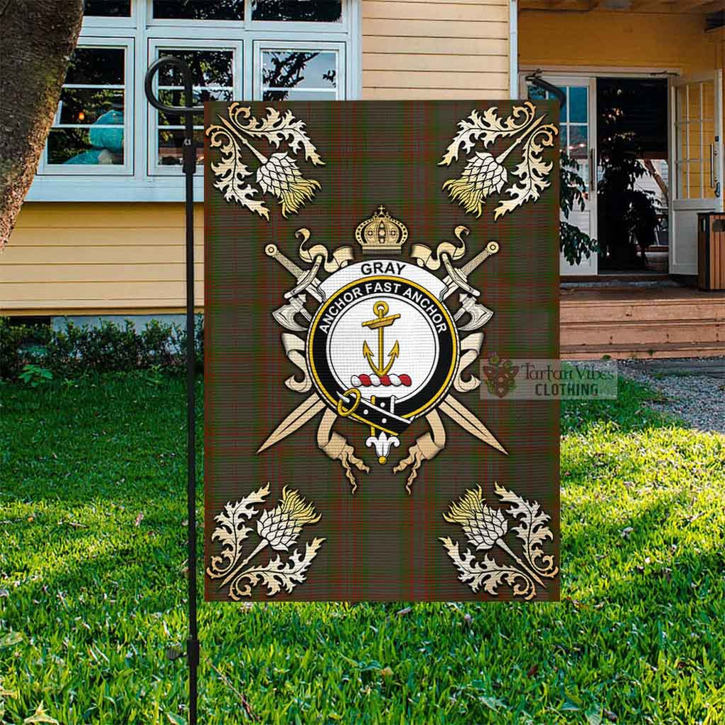 Gray Tartan Garden Flag with Family Crest and Golden Thistle Crossed Sword Design Garden Flag - Tartan Vibes Clothing