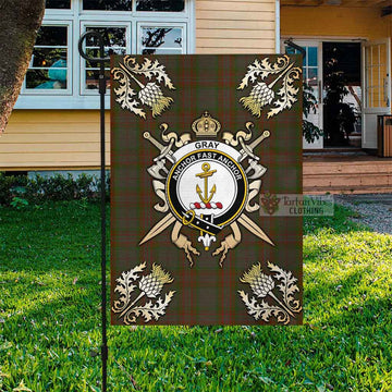 Gray Tartan Garden Flag with Family Crest and Golden Thistle Crossed Sword Design Garden Flag - Tartan Vibes Clothing