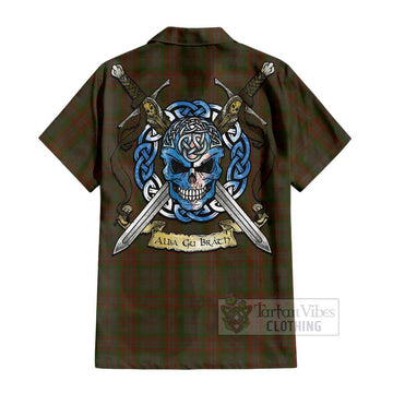 Gray Tartan Hawaiian Shirt with Family Crest Celtic Skull Style - Tartan Vibes Clothing