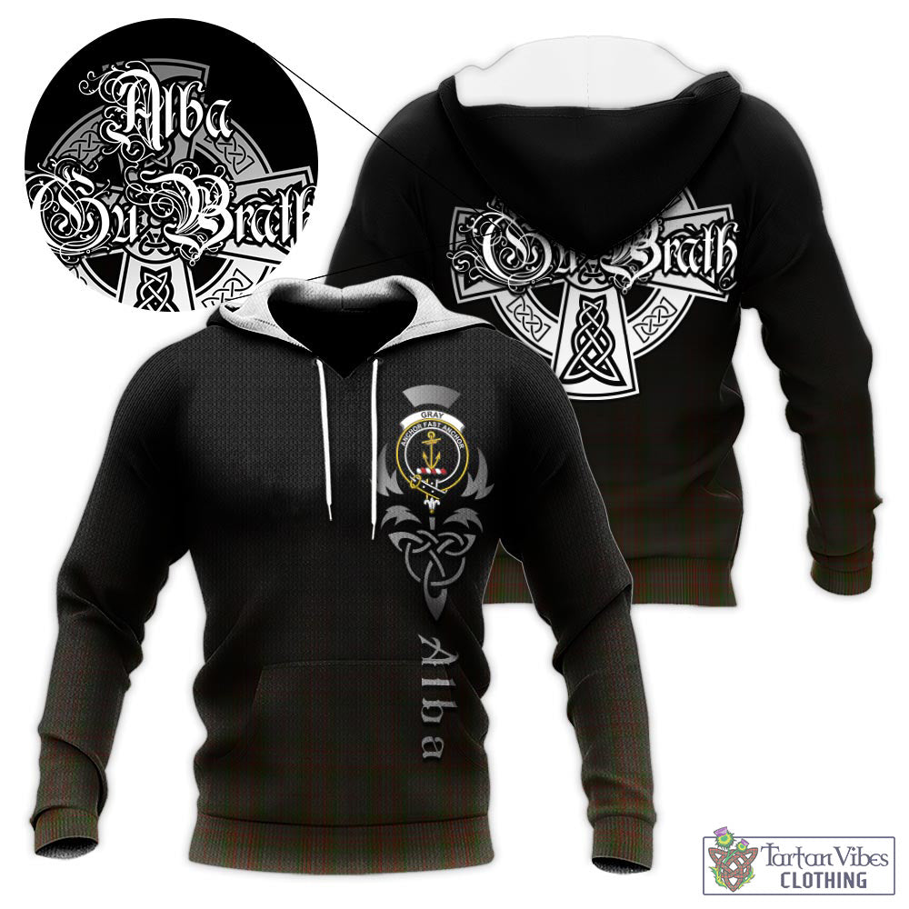 Tartan Vibes Clothing Gray Tartan Knitted Hoodie Featuring Alba Gu Brath Family Crest Celtic Inspired
