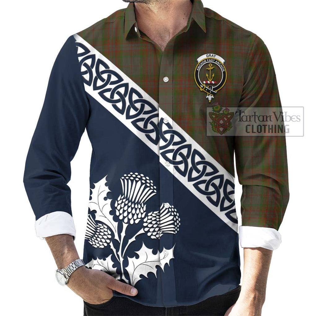 Gray Tartan Long Sleeve Button Shirt Featuring Thistle and Scotland Map Men's Shirt - Tartan Vibes Clothing