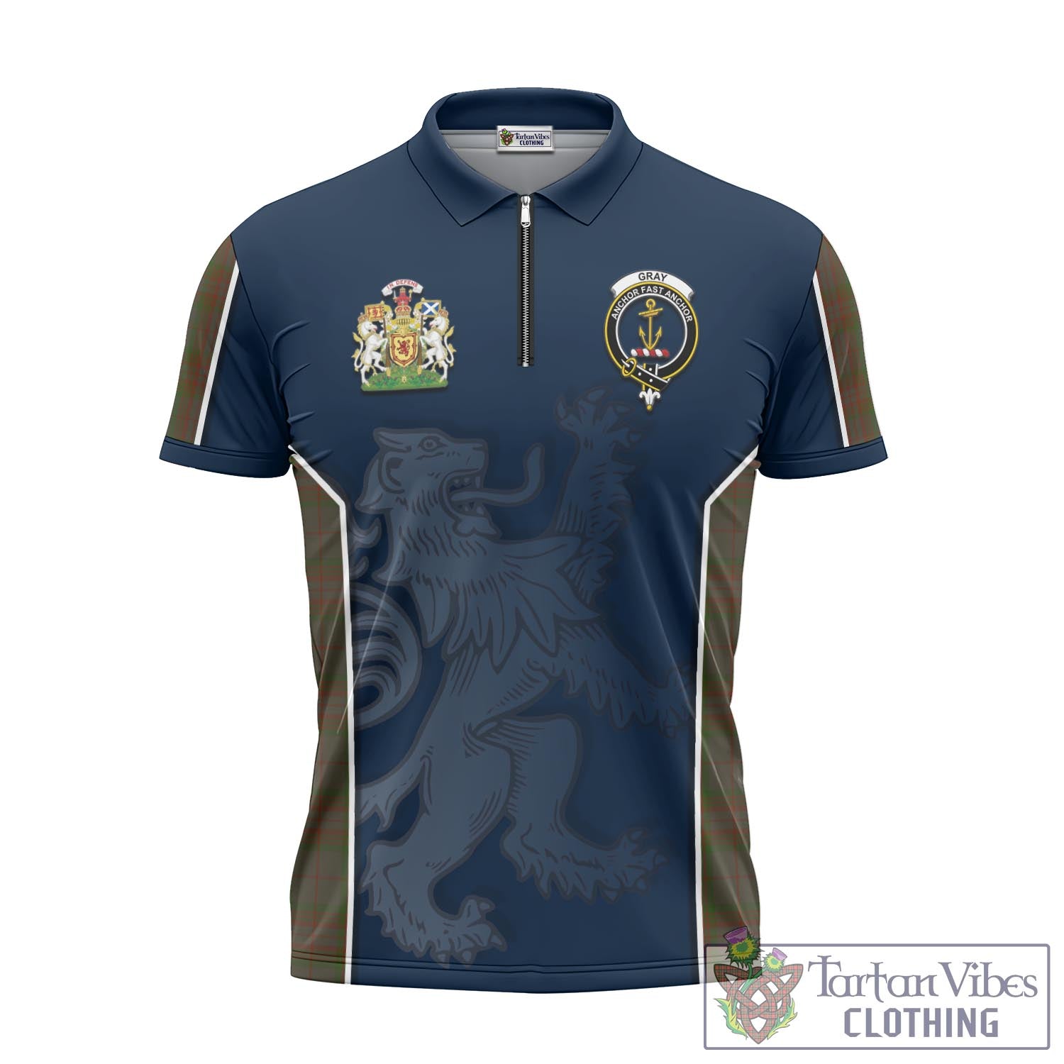 Tartan Vibes Clothing Gray Tartan Zipper Polo Shirt with Family Crest and Lion Rampant Vibes Sport Style