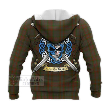 Gray Tartan Knitted Hoodie with Family Crest Celtic Skull Style - Tartan Vibes Clothing