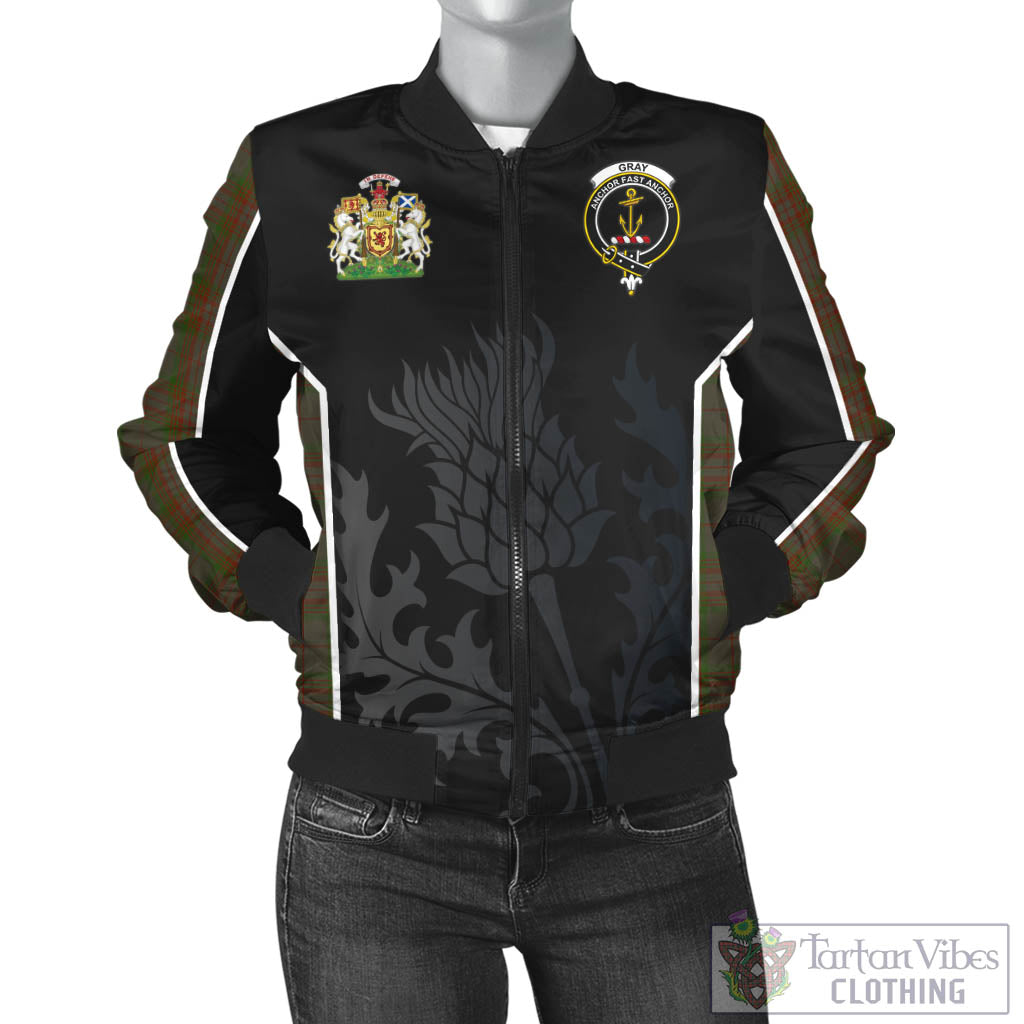 Gray Tartan Bomber Jacket with Family Crest and Scottish Thistle Vibes Sport Style - Tartan Vibes Clothing