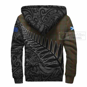 Gray Crest Tartan Sherpa Hoodie with New Zealand Silver Fern Half Style - Tartan Vibes Clothing