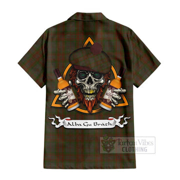 Gray Tartan Hawaiian Shirt with Family Crest and Bearded Skull Holding Bottles of Whiskey - Tartan Vibes Clothing