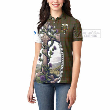 Gray Tartan Women's Polo Shirt with Family Crest and St. Andrew's Cross Accented by Thistle Vines - Tartan Vibes Clothing