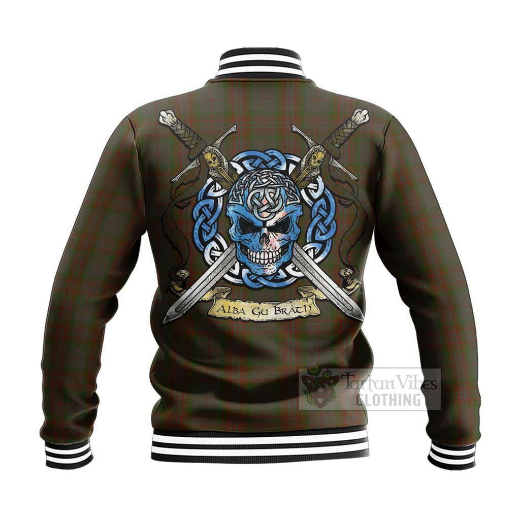 Gray Tartan Baseball Jacket with Family Crest Celtic Skull Style - Tartan Vibes Clothing