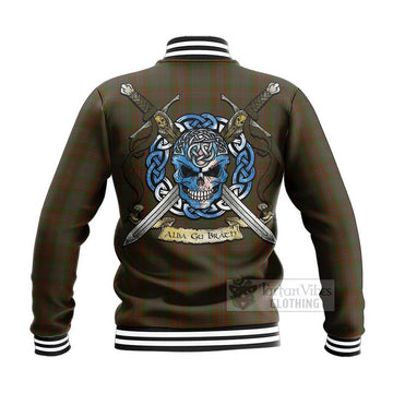 Gray Tartan Baseball Jacket with Family Crest Celtic Skull Style - Tartan Vibes Clothing