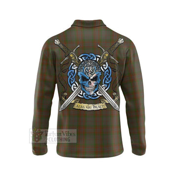 Gray Tartan Long Sleeve Polo Shirt with Family Crest Celtic Skull Style - Tartan Vibes Clothing