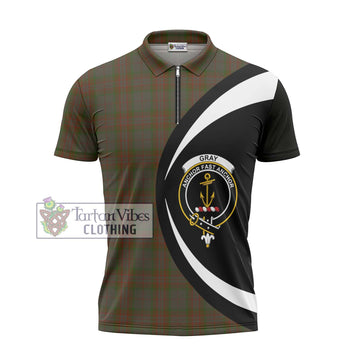 Gray Tartan Zipper Polo Shirt with Family Crest Circle Style - Tartan Vibes Clothing