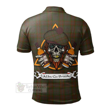 Gray Tartan Polo Shirt with Family Crest and Bearded Skull Holding Bottles of Whiskey - Tartan Vibes Clothing