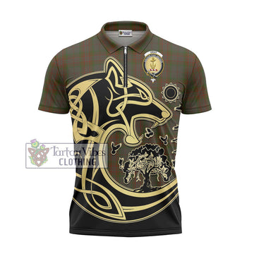 Gray Tartan Zipper Polo Shirt with Family Crest Celtic Wolf Style - Tartan Vibes Clothing