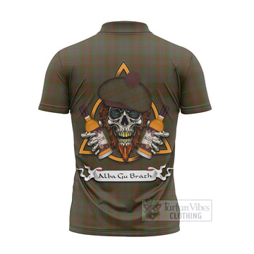 Gray Tartan Zipper Polo Shirt with Family Crest and Bearded Skull Holding Bottles of Whiskey - Tartan Vibes Clothing