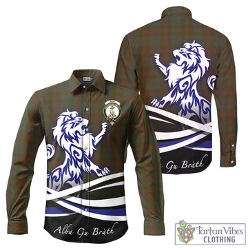 Gray Tartan Long Sleeve Button Up Shirt with Alba Gu Brath Regal Lion Emblem - Tartan Vibes Clothing