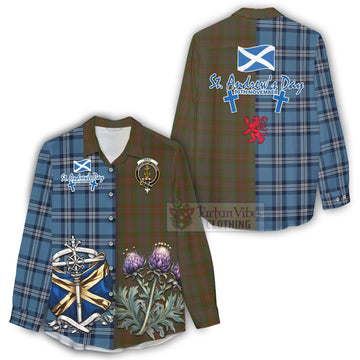 Gray Tartan Women's Casual Shirt Happy St. Andrew's Day Half Tartan Style - Tartan Vibes Clothing
