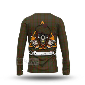 Gray Tartan Long Sleeve T-Shirt with Family Crest and Bearded Skull Holding Bottles of Whiskey - Tartan Vibes Clothing