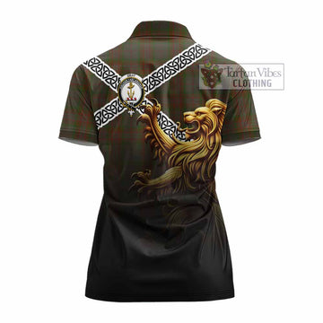 Gray Crest Tartan Women's Polo Shirt with Golden Lion Emblem Celtic Style - Tartan Vibes Clothing