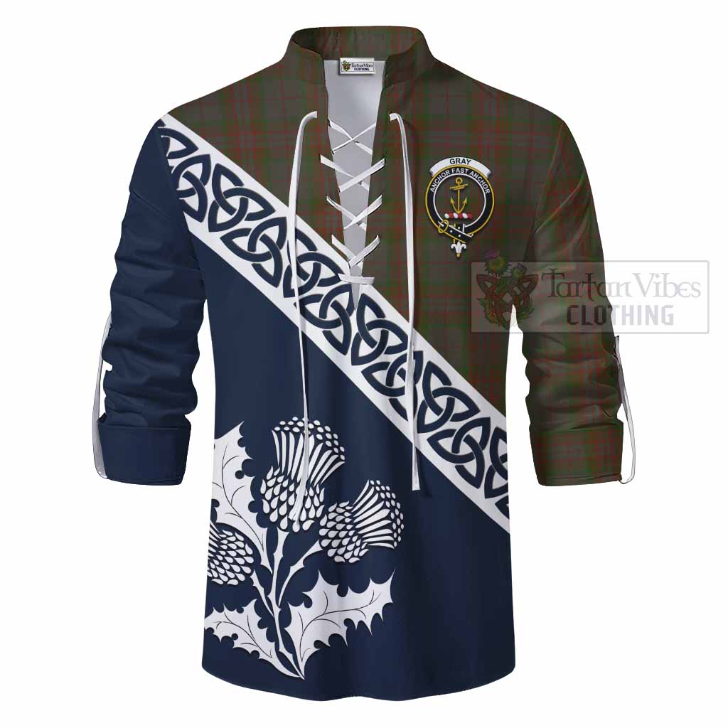 Gray Tartan Ghillie Kilt Shirt Featuring Thistle and Scotland Map - Tartan Vibes Clothing