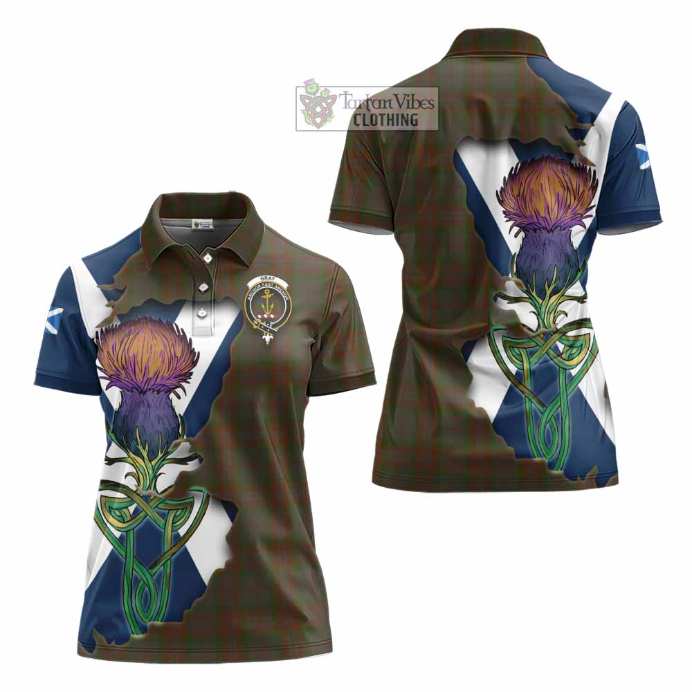 Gray Tartan Family Crest Women's Polo Shirt Scottish Thistle Celtic Inspired - Tartan Vibes Clothing