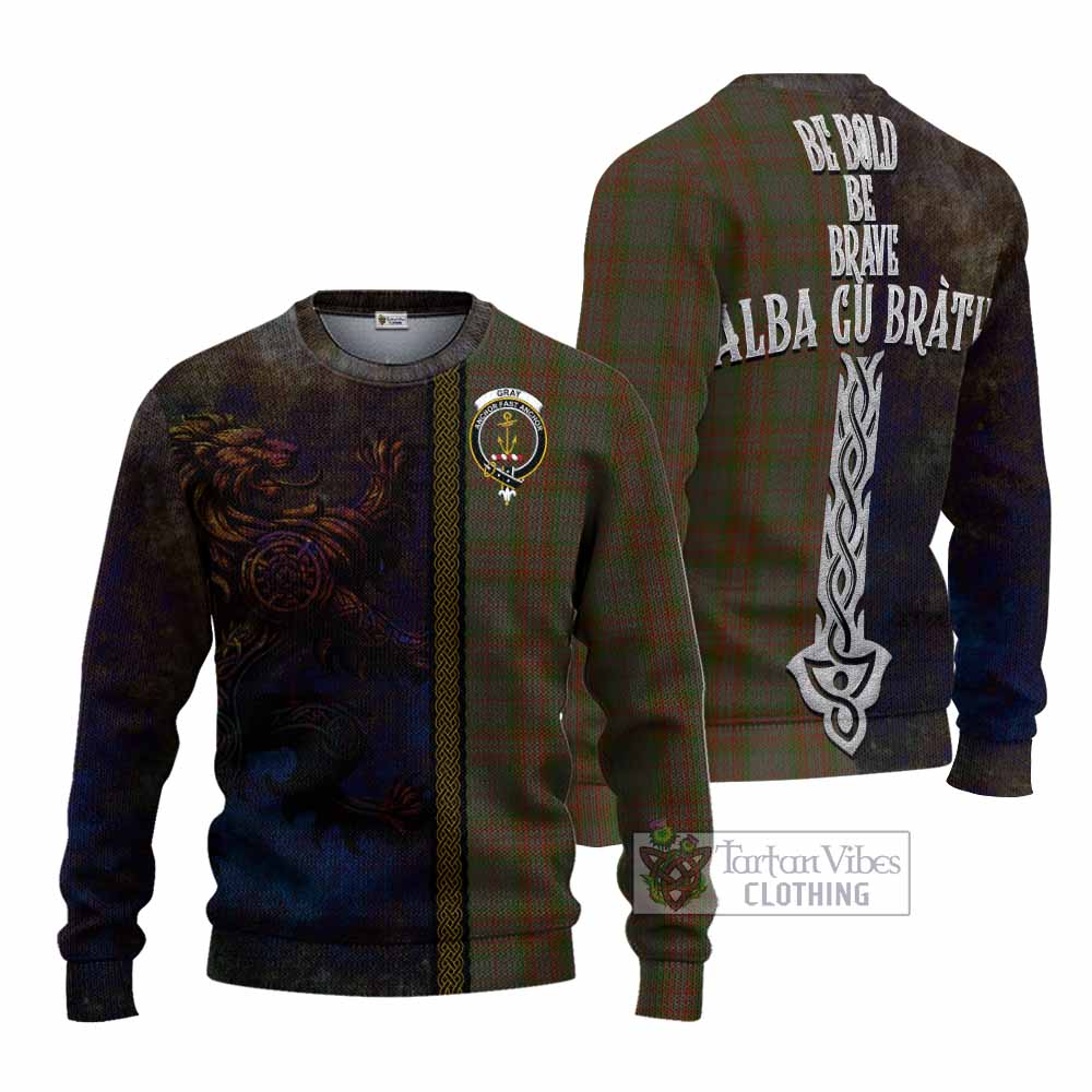 Gray Tartan Family Crest Knitted Sweater Alba Gu Brath Be Brave Lion Ancient Style - Tartan Vibes Clothing