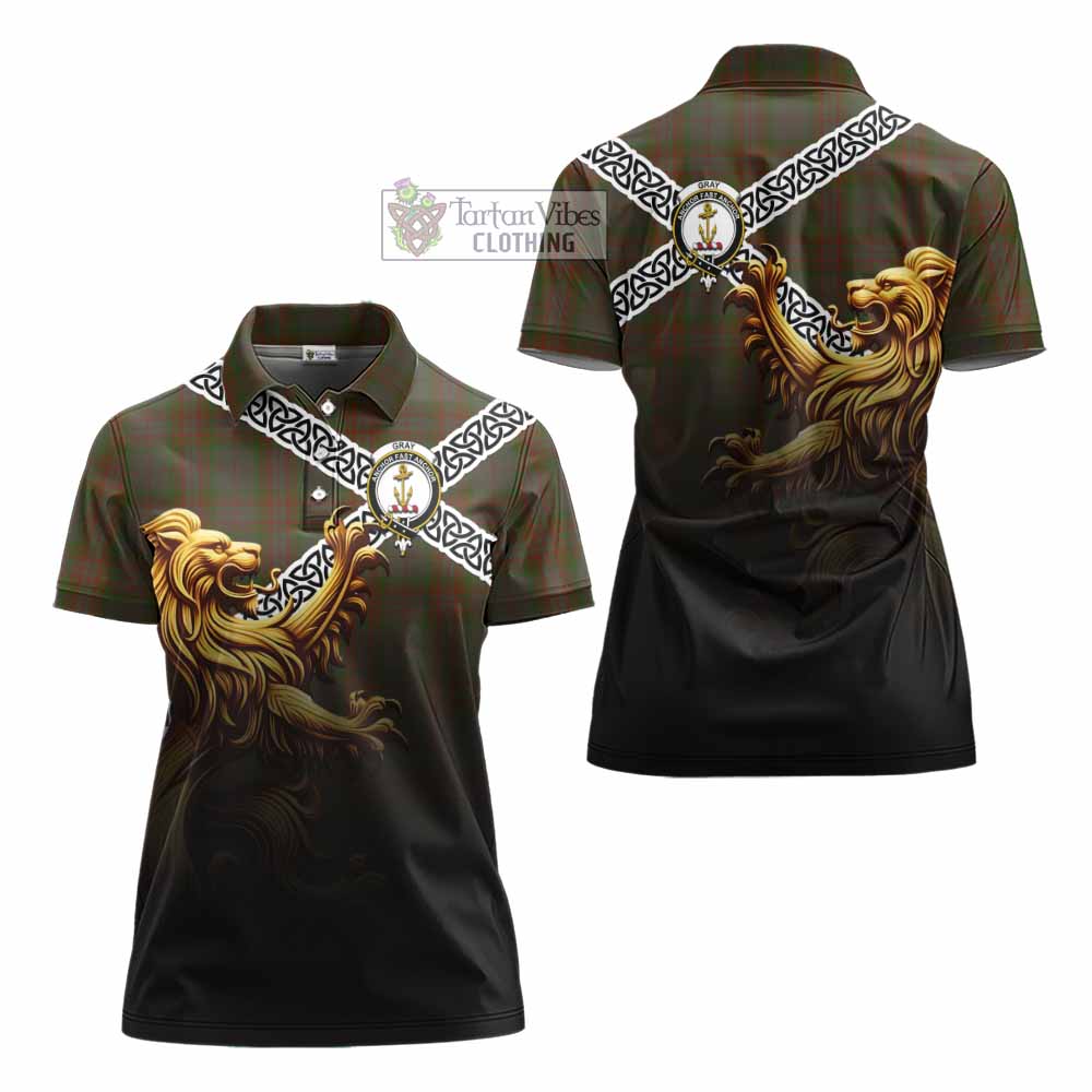Gray Crest Tartan Women's Polo Shirt with Golden Lion Emblem Celtic Style - Tartan Vibes Clothing