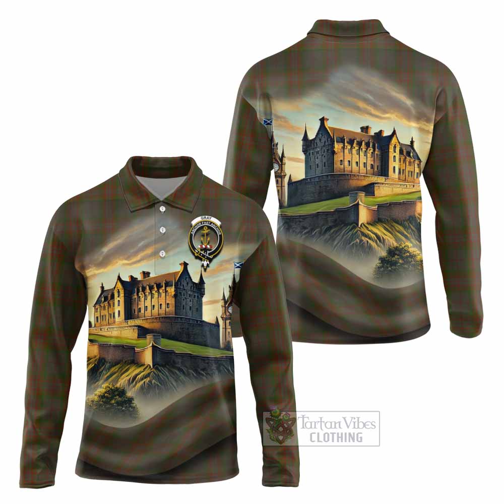 Gray Tartan Family Crest Long Sleeve Polo Shirt with Scottish Ancient Castle Style - Tartan Vibes Clothing