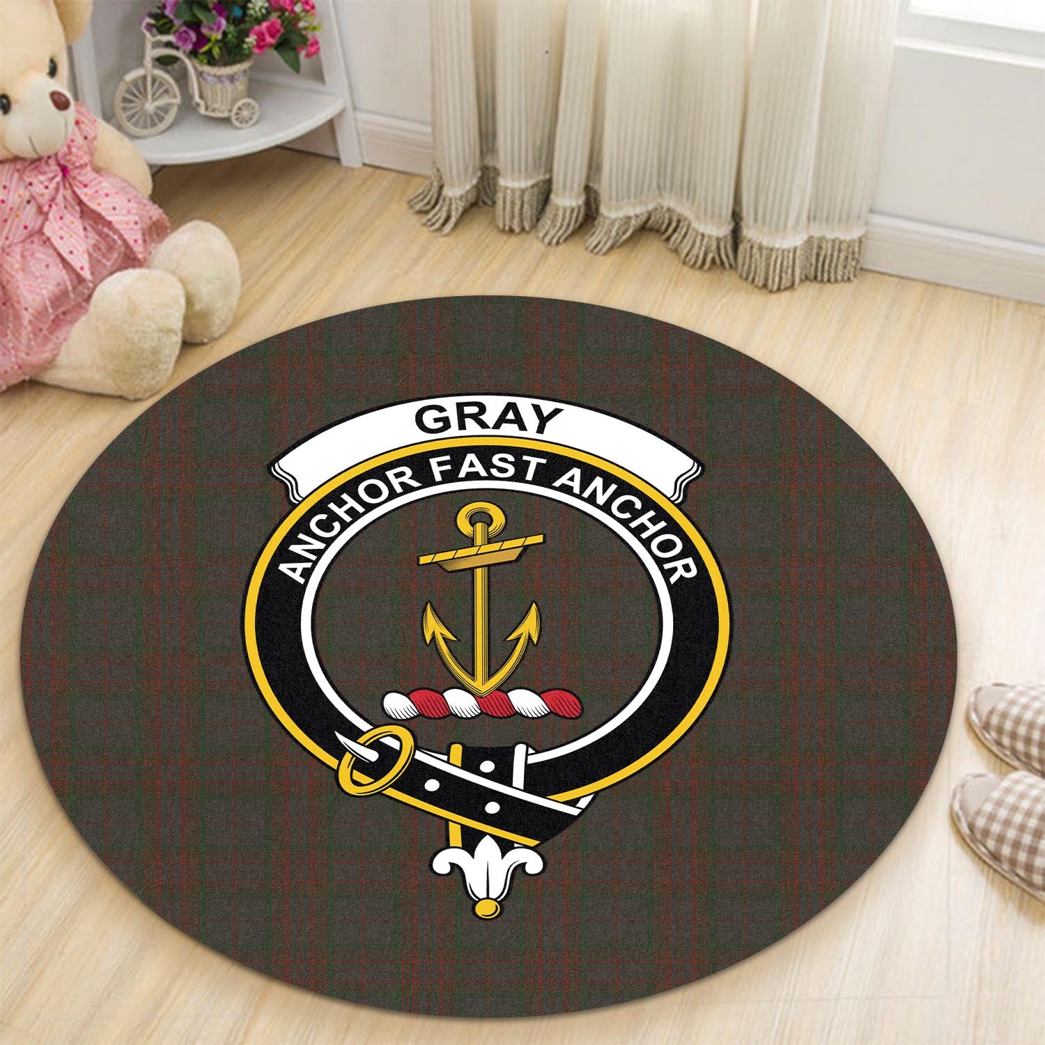 Gray Tartan Round Rug with Family Crest - Tartan Vibes Clothing