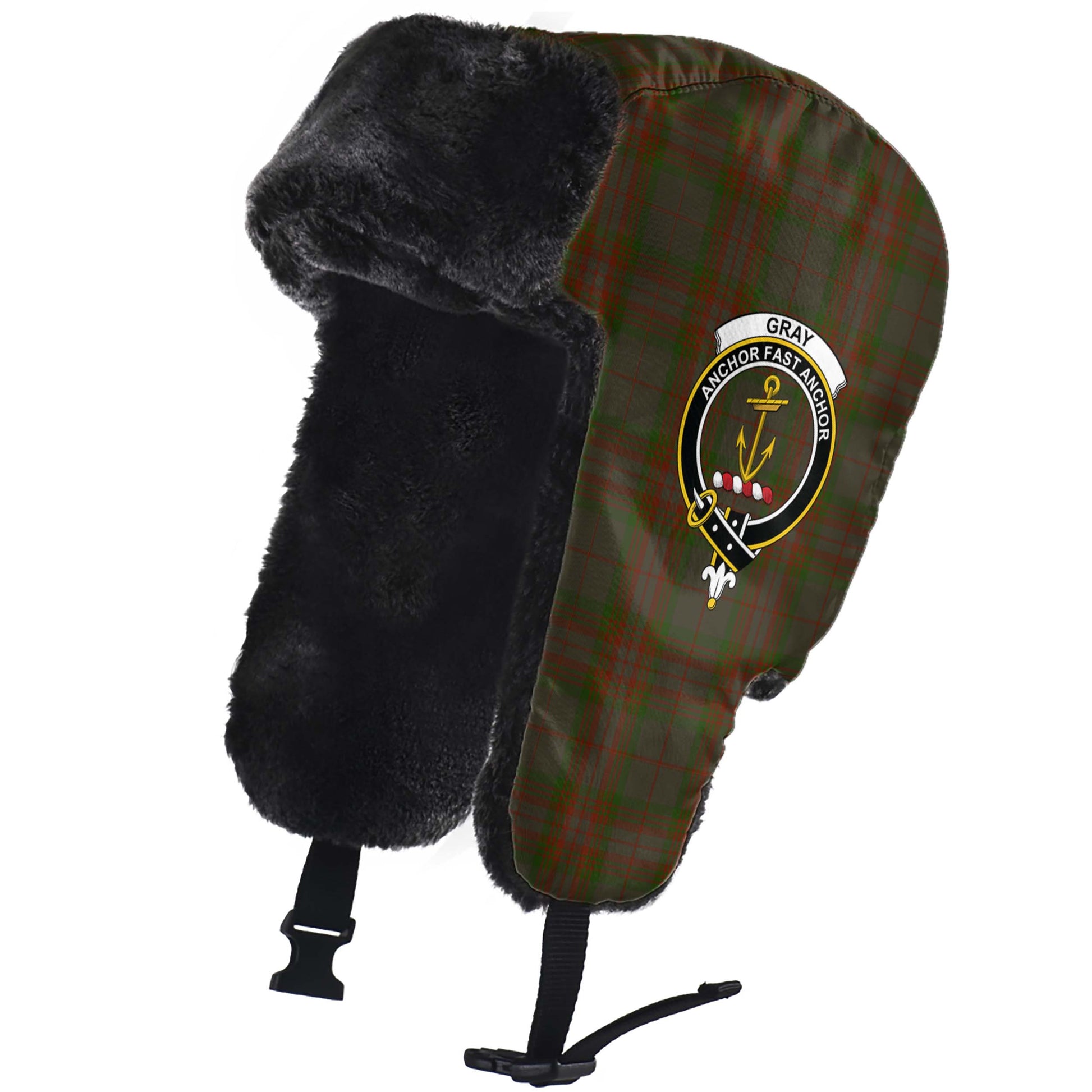 Gray Tartan Winter Trapper Hat with Family Crest - Tartan Vibes Clothing