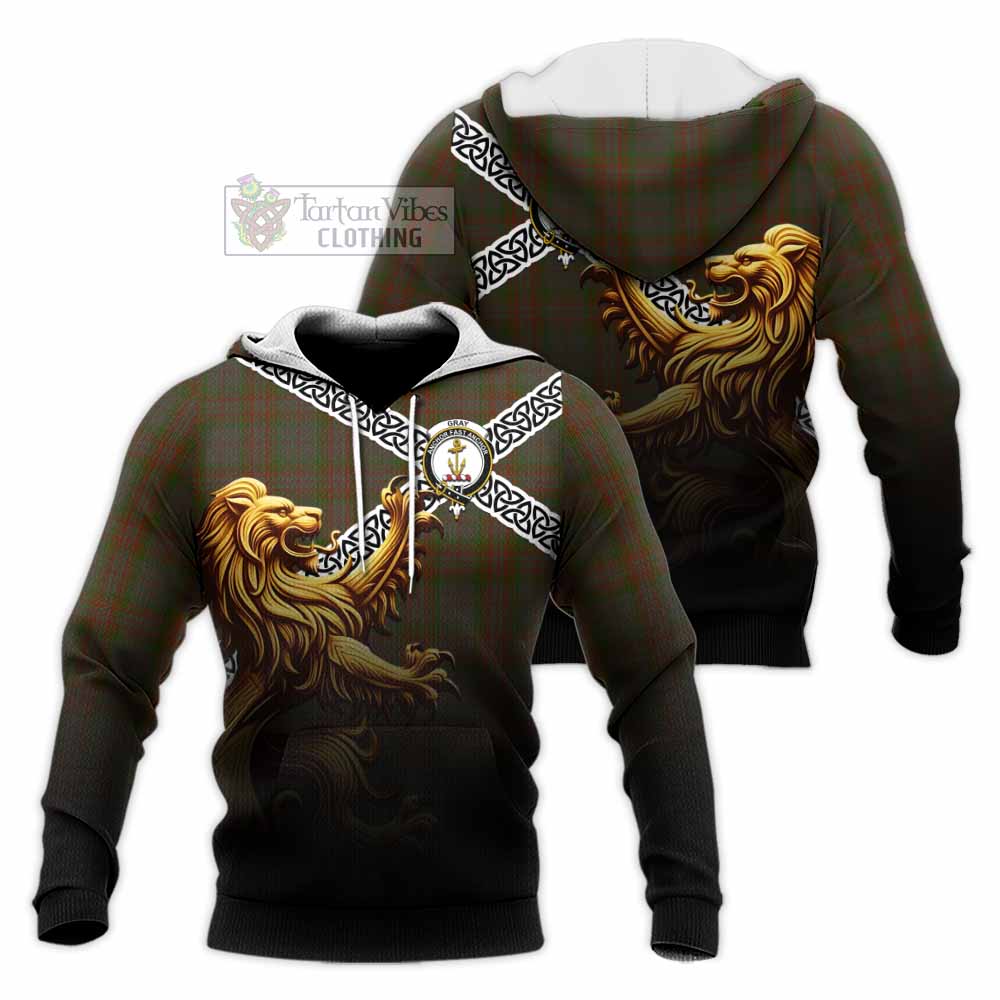 Gray Crest Tartan Knitted Hoodie with Golden Lion Emblem Celtic Style - Tartan Vibes Clothing